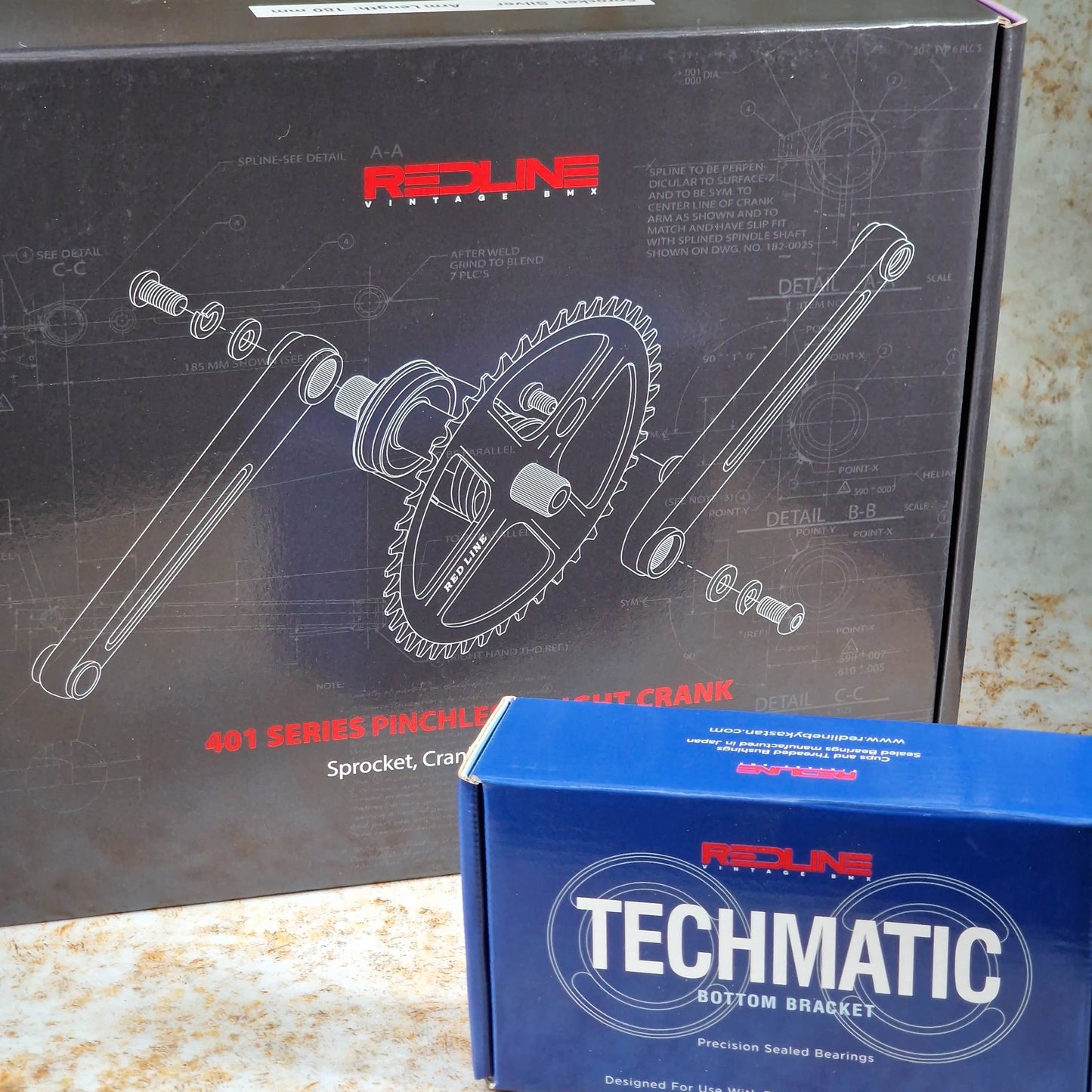 Redline Vintage Old School BMX 180mm Redline 401 Pinchless Flight Cranks with Techmatik BB