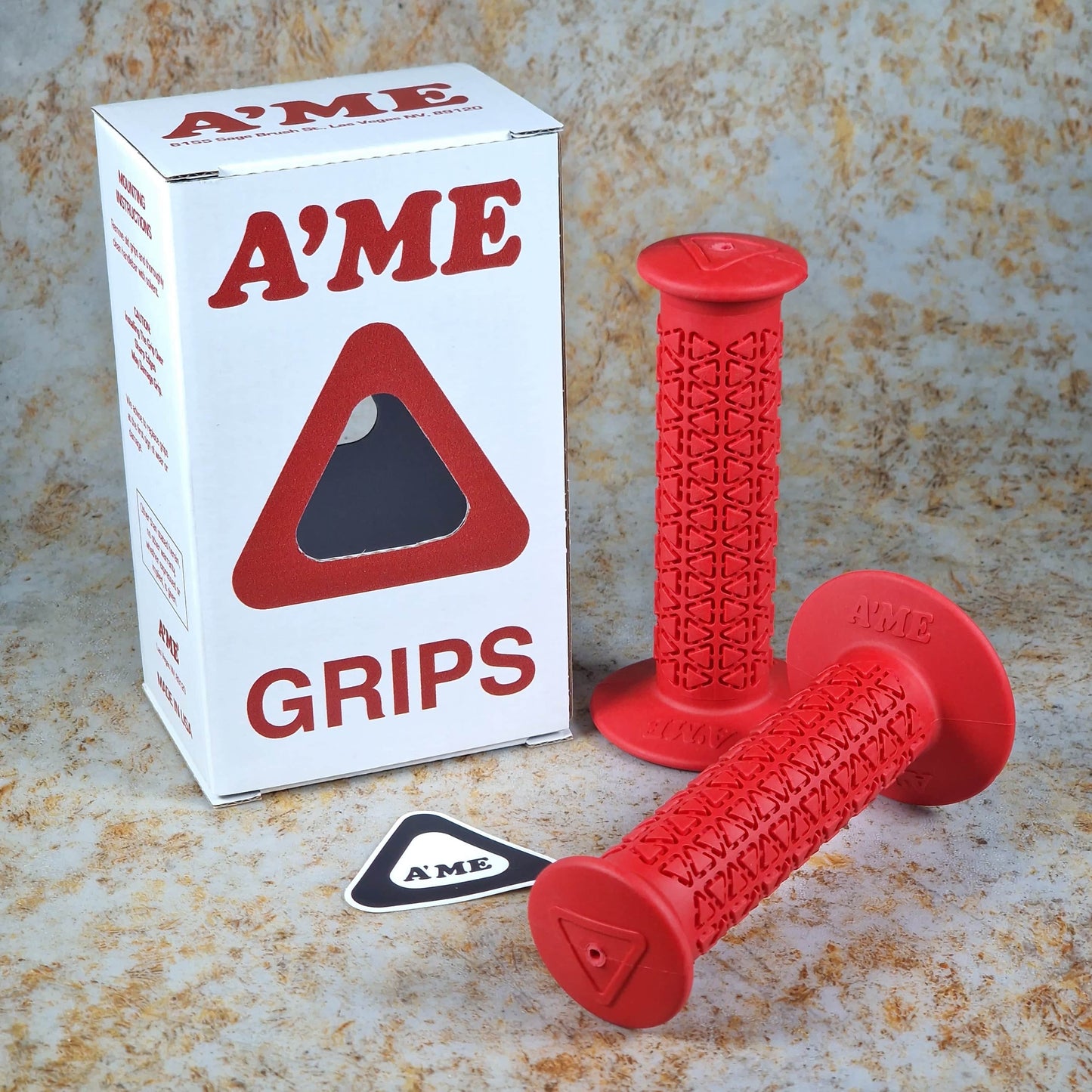 A'ME Old School BMX Red A'ME BMX Double Bubble Font Round Grips with Box