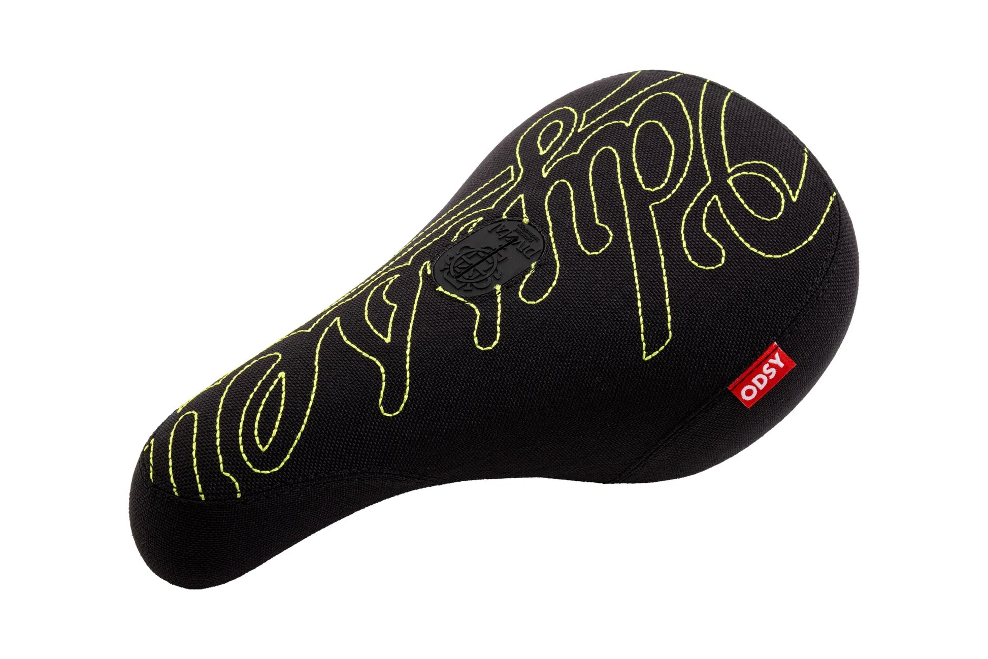 Odyssey BMX Parts Odyssey Big Stitch Pivotal Seat Black Denim w/ Fluorescent Yellow Embroidery