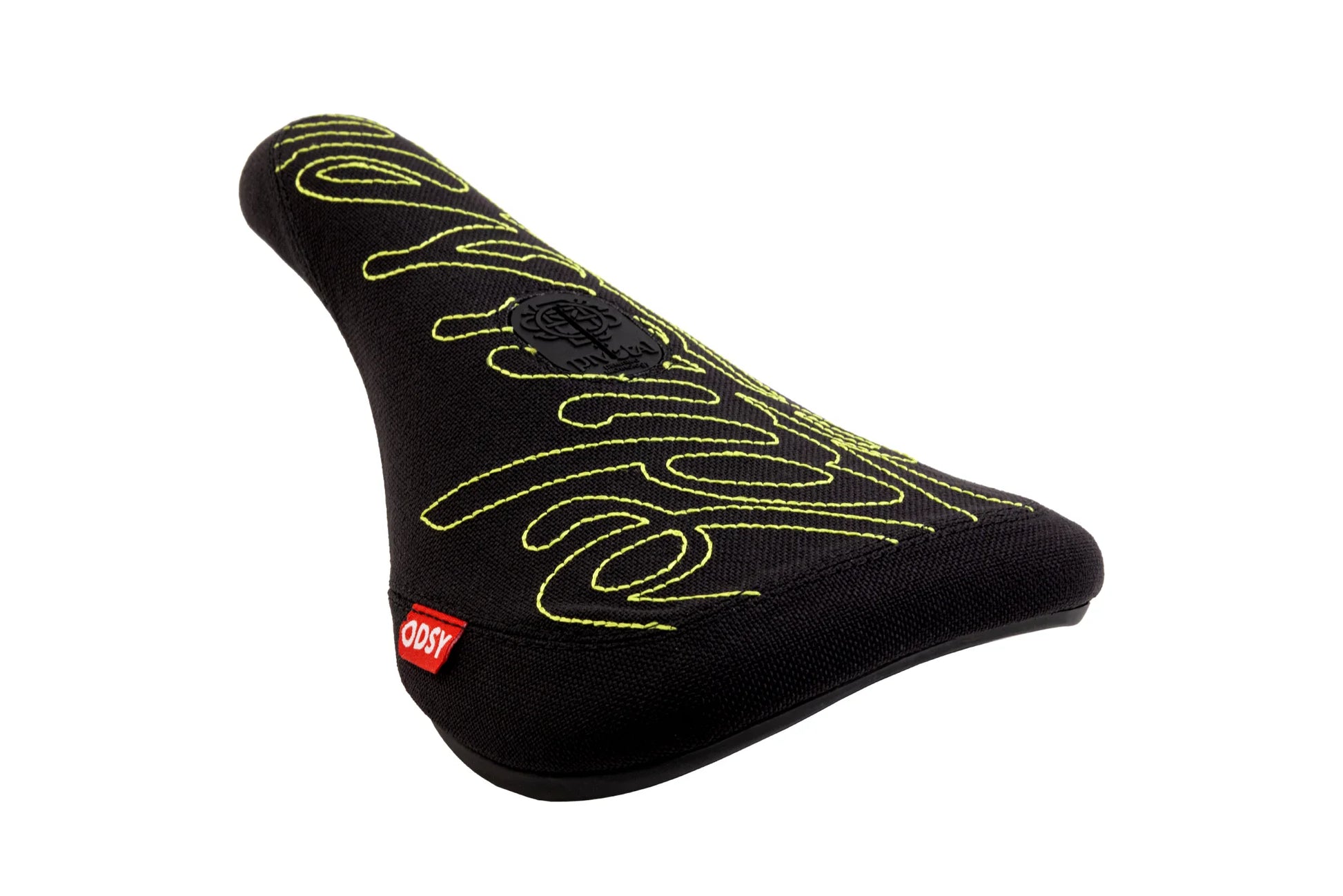 Odyssey BMX Parts Odyssey Big Stitch Pivotal Seat Black Denim w/ Fluorescent Yellow Embroidery