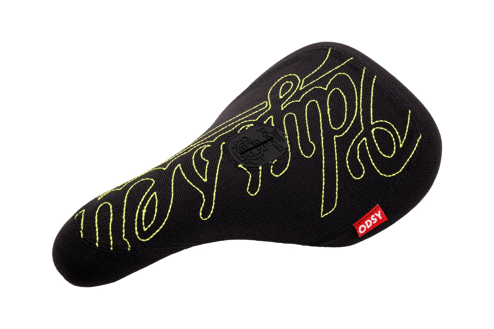 Odyssey BMX Parts Odyssey Big Stitch Pivotal Seat Black Denim w/ Fluorescent Yellow Embroidery