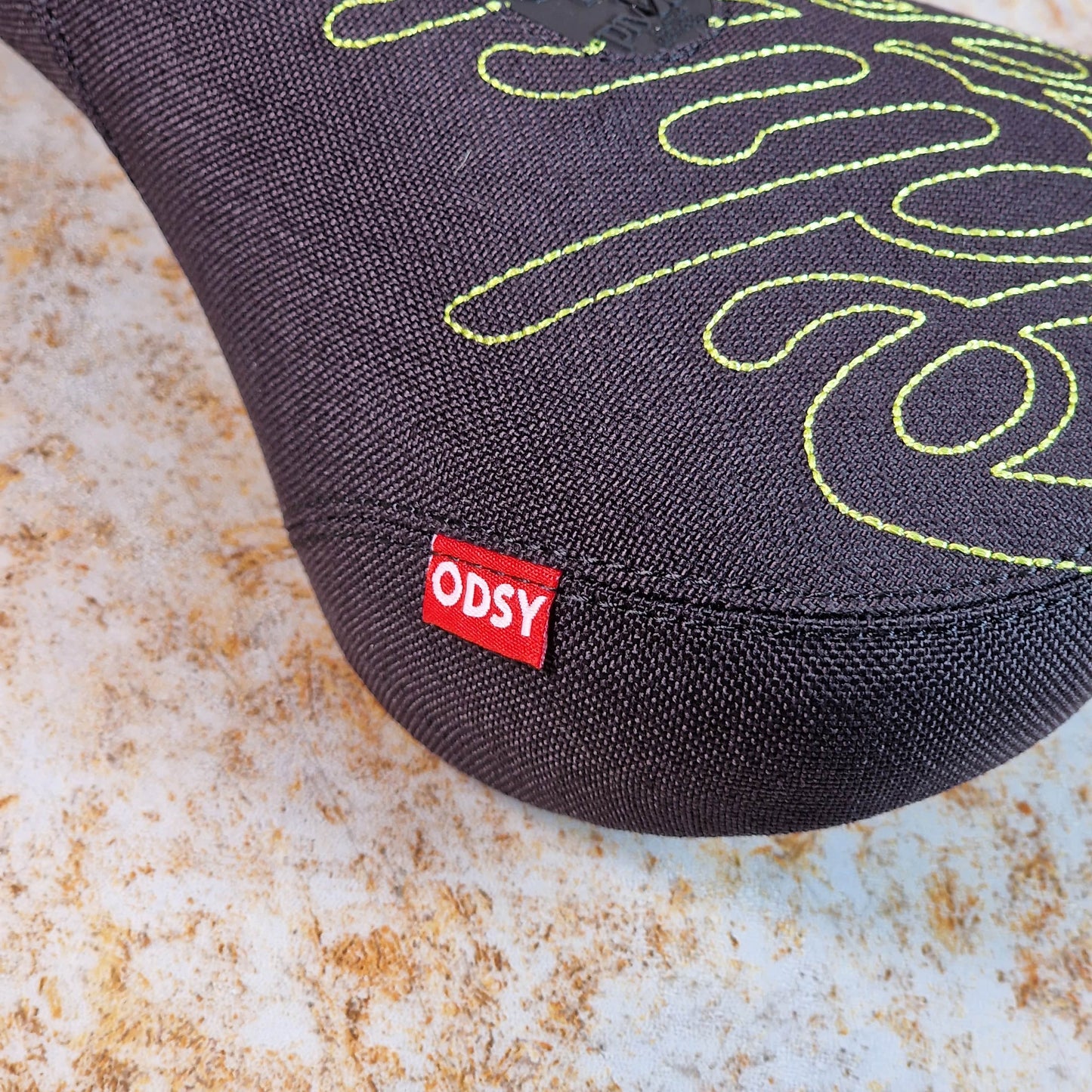 Odyssey BMX Parts Odyssey Big Stitch Pivotal Seat Black Denim w/ Fluorescent Yellow Embroidery