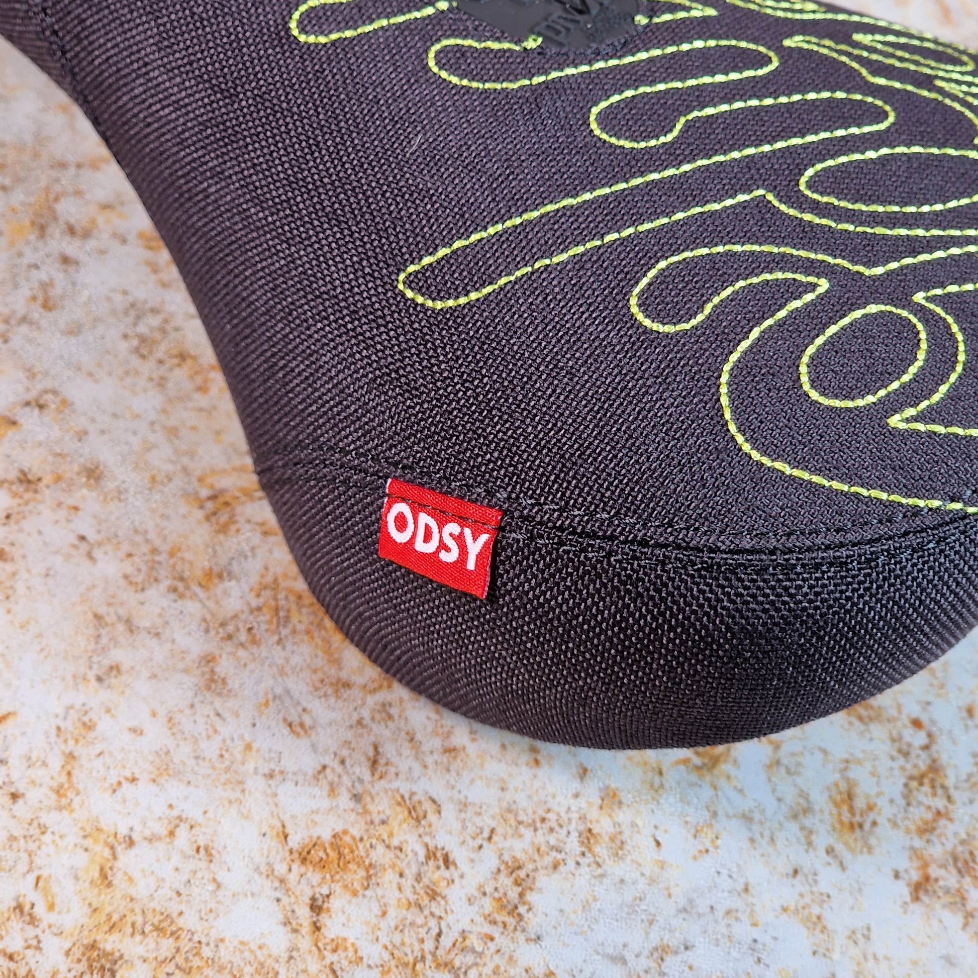 Odyssey BMX Parts Odyssey Big Stitch Pivotal Seat Black Denim w/ Fluorescent Yellow Embroidery