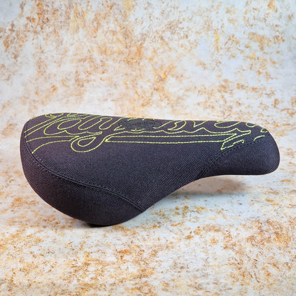 Odyssey BMX Parts Odyssey Big Stitch Pivotal Seat Black Denim w/ Fluorescent Yellow Embroidery