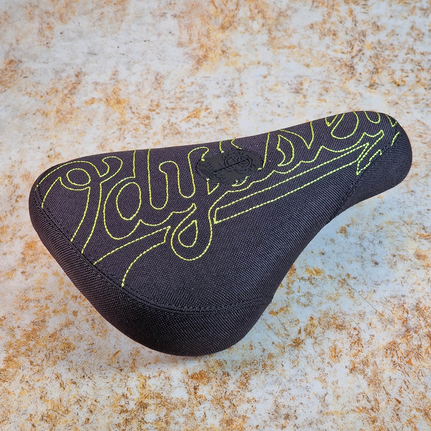 Odyssey BMX Parts Odyssey Big Stitch Pivotal Seat Black Denim w/ Fluorescent Yellow Embroidery