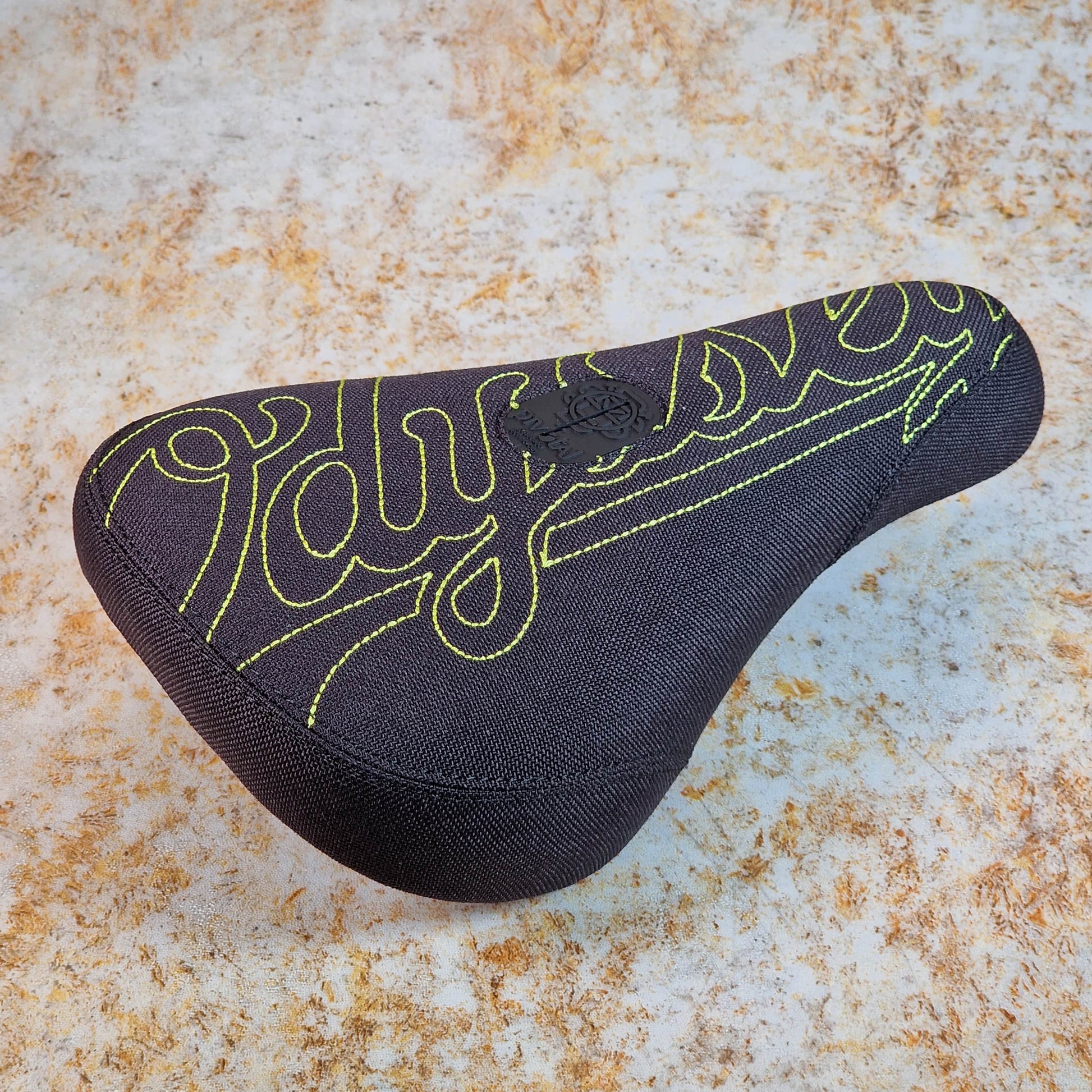Odyssey BMX Parts Odyssey Big Stitch Pivotal Seat Black Denim w/ Fluorescent Yellow Embroidery