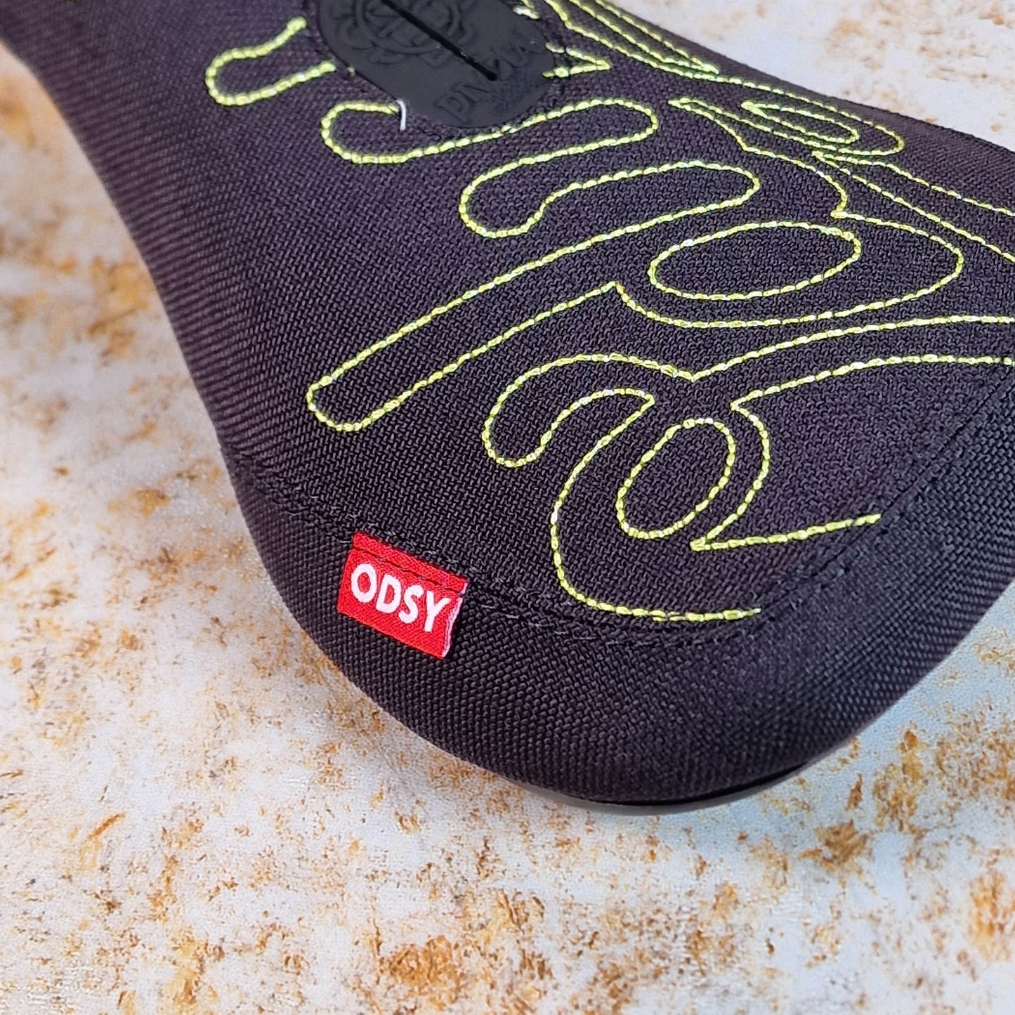 Odyssey BMX Parts Odyssey Big Stitch Pivotal Seat Black Denim w/ Fluorescent Yellow Embroidery