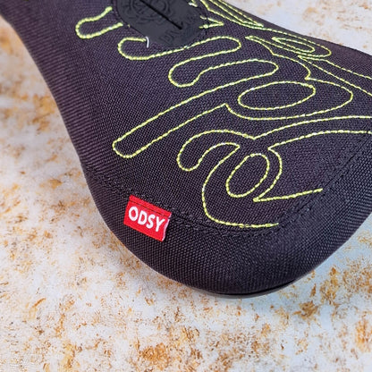 Odyssey BMX Parts Odyssey Big Stitch Pivotal Seat Black Denim w/ Fluorescent Yellow Embroidery