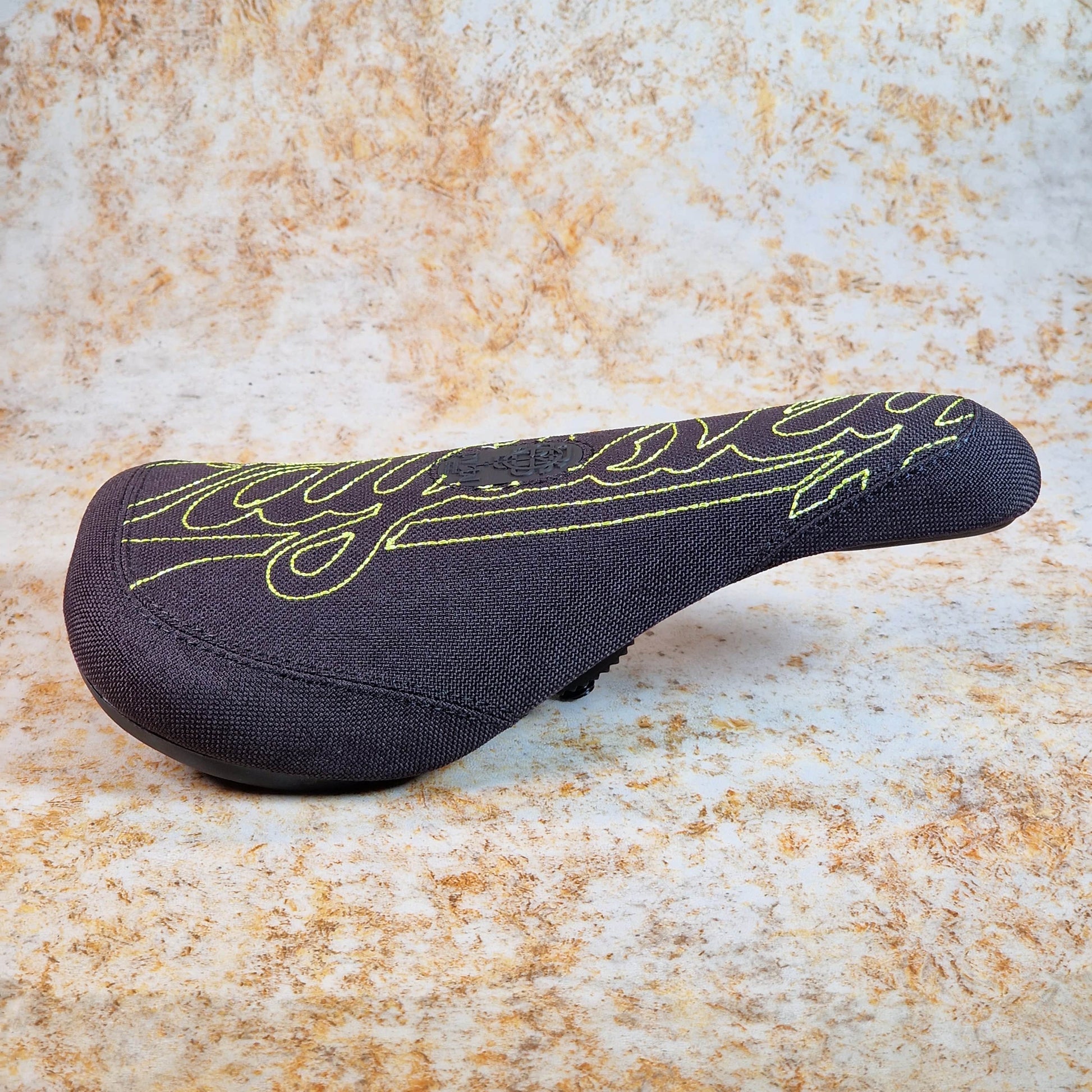 Odyssey BMX Parts Odyssey Big Stitch Pivotal Seat Black Denim w/ Fluorescent Yellow Embroidery