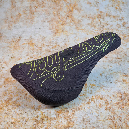 Odyssey BMX Parts Odyssey Big Stitch Pivotal Seat Black Denim w/ Fluorescent Yellow Embroidery