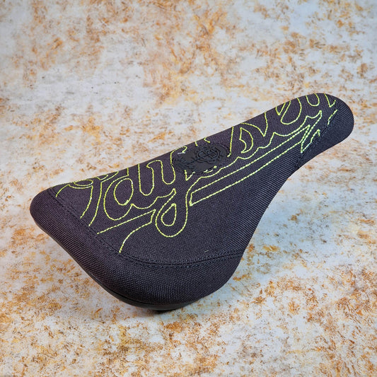 Odyssey BMX Parts Odyssey Big Stitch Pivotal Seat Black Denim w/ Fluorescent Yellow Embroidery