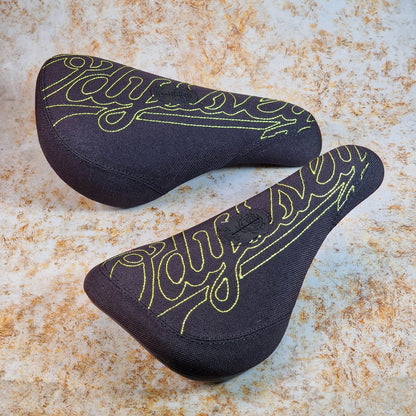 Odyssey BMX Parts Odyssey Big Stitch Pivotal Seat Black Denim w/ Fluorescent Yellow Embroidery