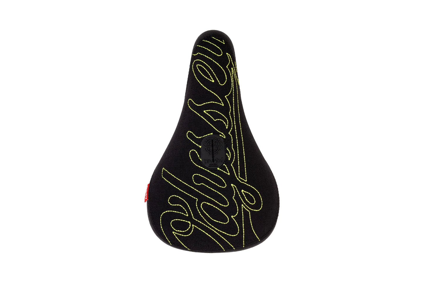 Odyssey BMX Parts Fat Odyssey Big Stitch Pivotal Seat Black Denim w/ Fluorescent Yellow Embroidery