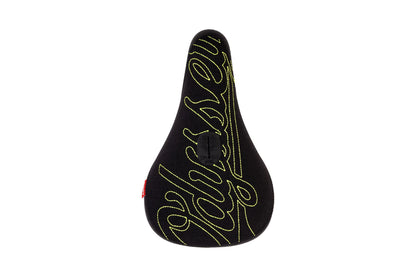 Odyssey BMX Parts Fat Odyssey Big Stitch Pivotal Seat Black Denim w/ Fluorescent Yellow Embroidery