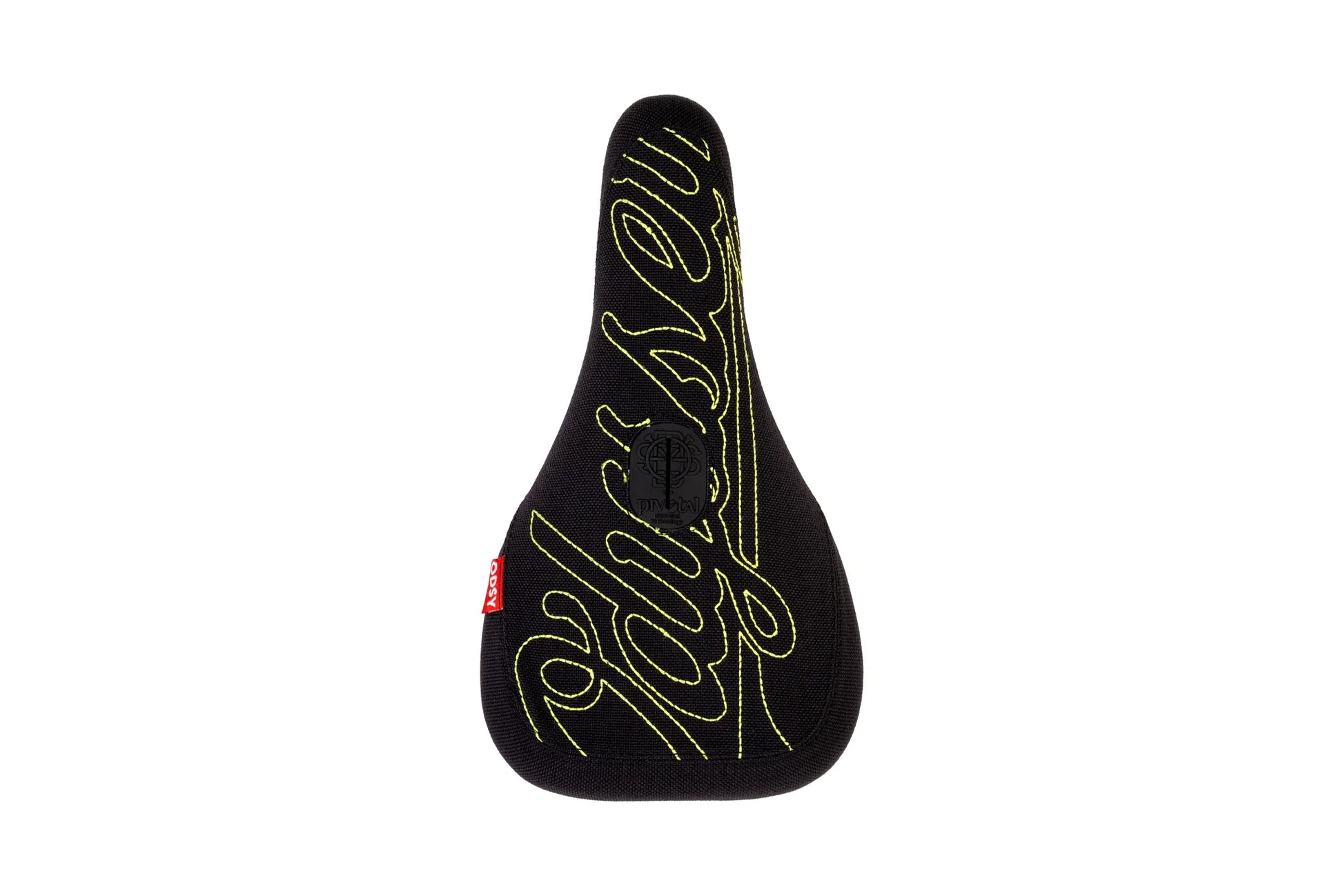 Odyssey BMX Parts Slim Odyssey Big Stitch Pivotal Seat Black Denim w/ Fluorescent Yellow Embroidery
