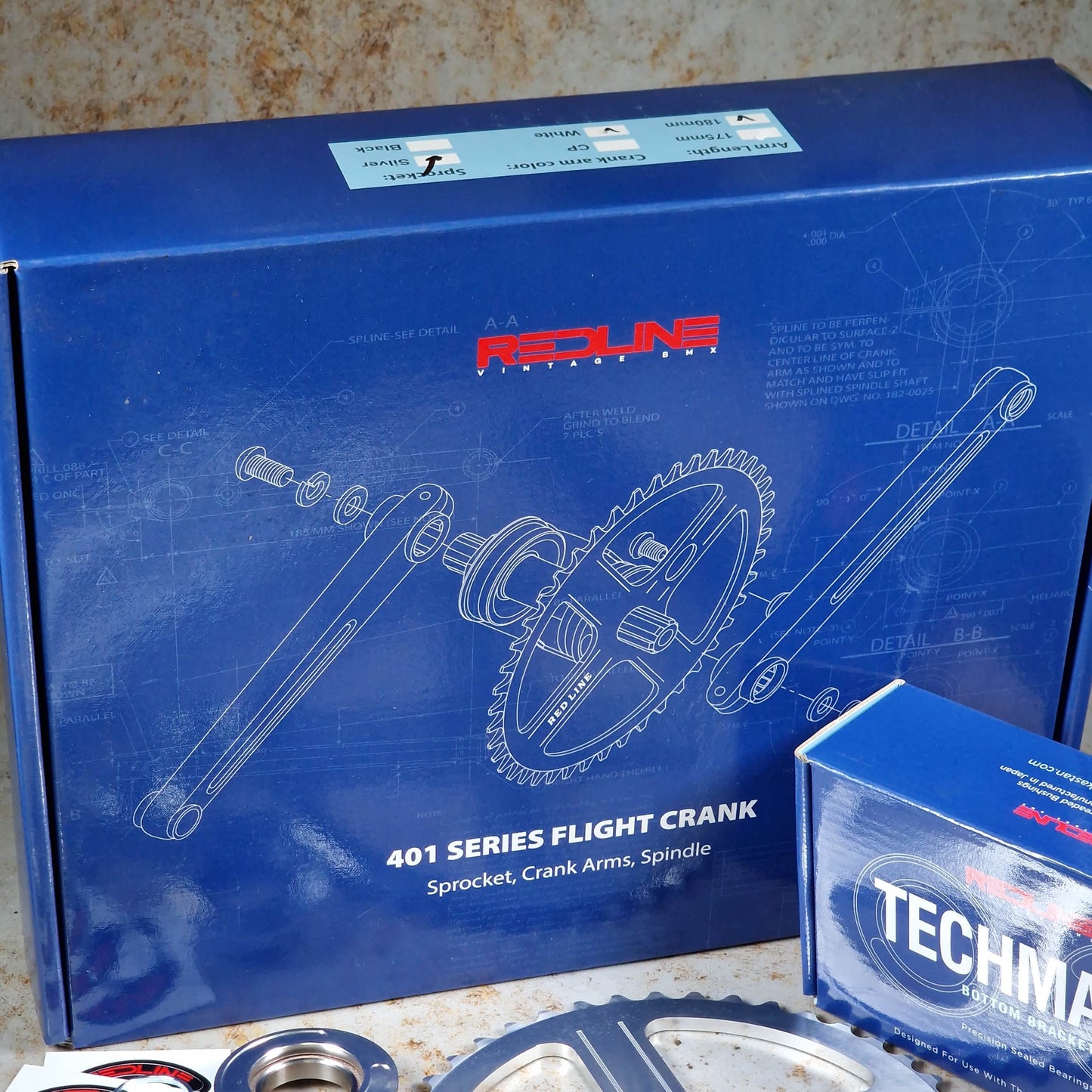 Redline Vintage Old School BMX 180mm Redline Vintage 401 Single Pinch Flight Cranks with Techmatik BB White