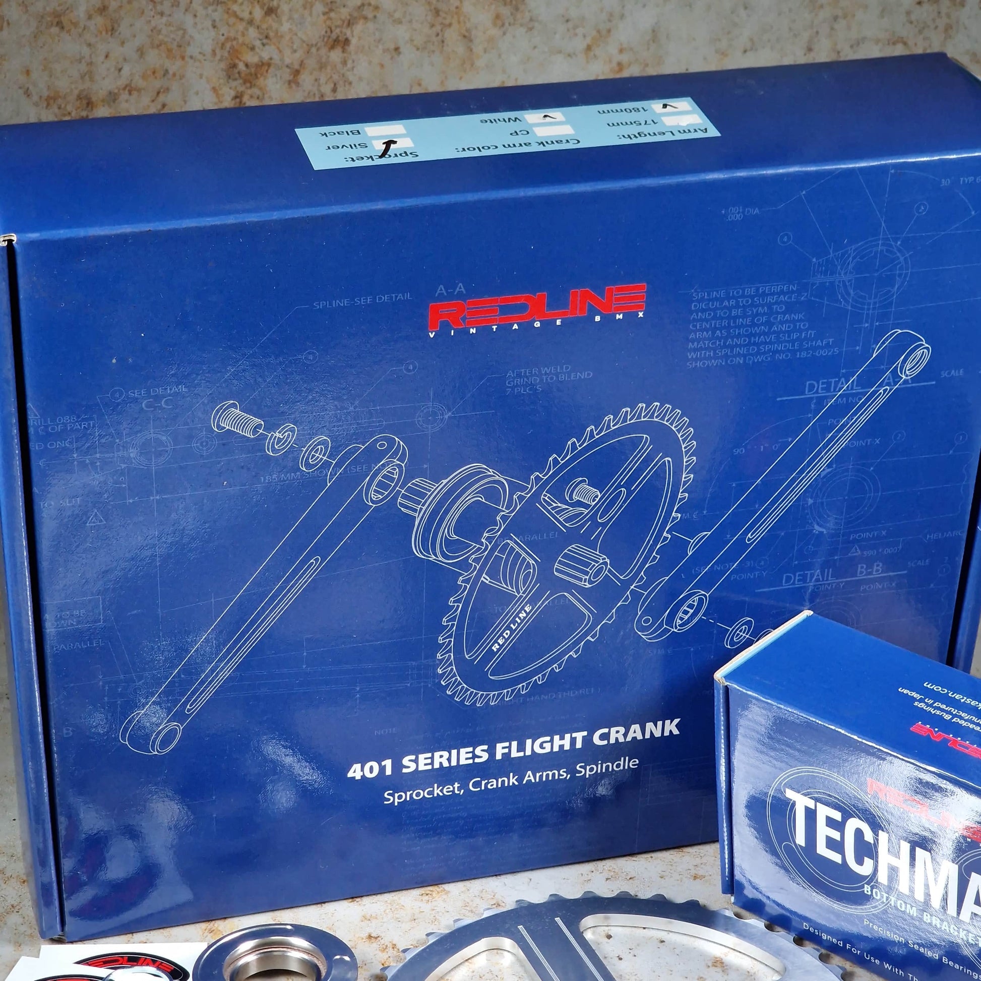 Redline Vintage Old School BMX 180mm Redline Vintage 401 Single Pinch Flight Cranks with Techmatik BB White