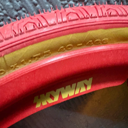 Skyway Old School BMX RED Wheels with RED Tyres Skyway Gold Alloy Flange 60th Tuff Wheels with Panaracer Tyres Used