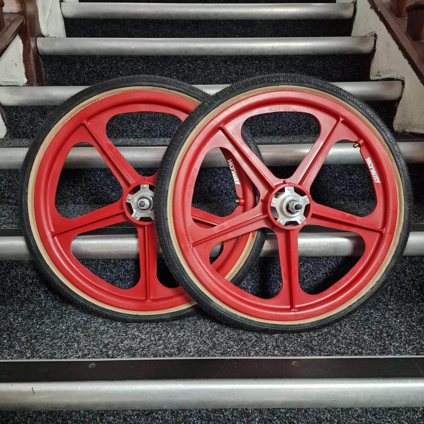 Skyway Old School BMX Skyway Silver Alloy Flange Tuff Wheels with fitted Panaracer HP406 Tyres Pair