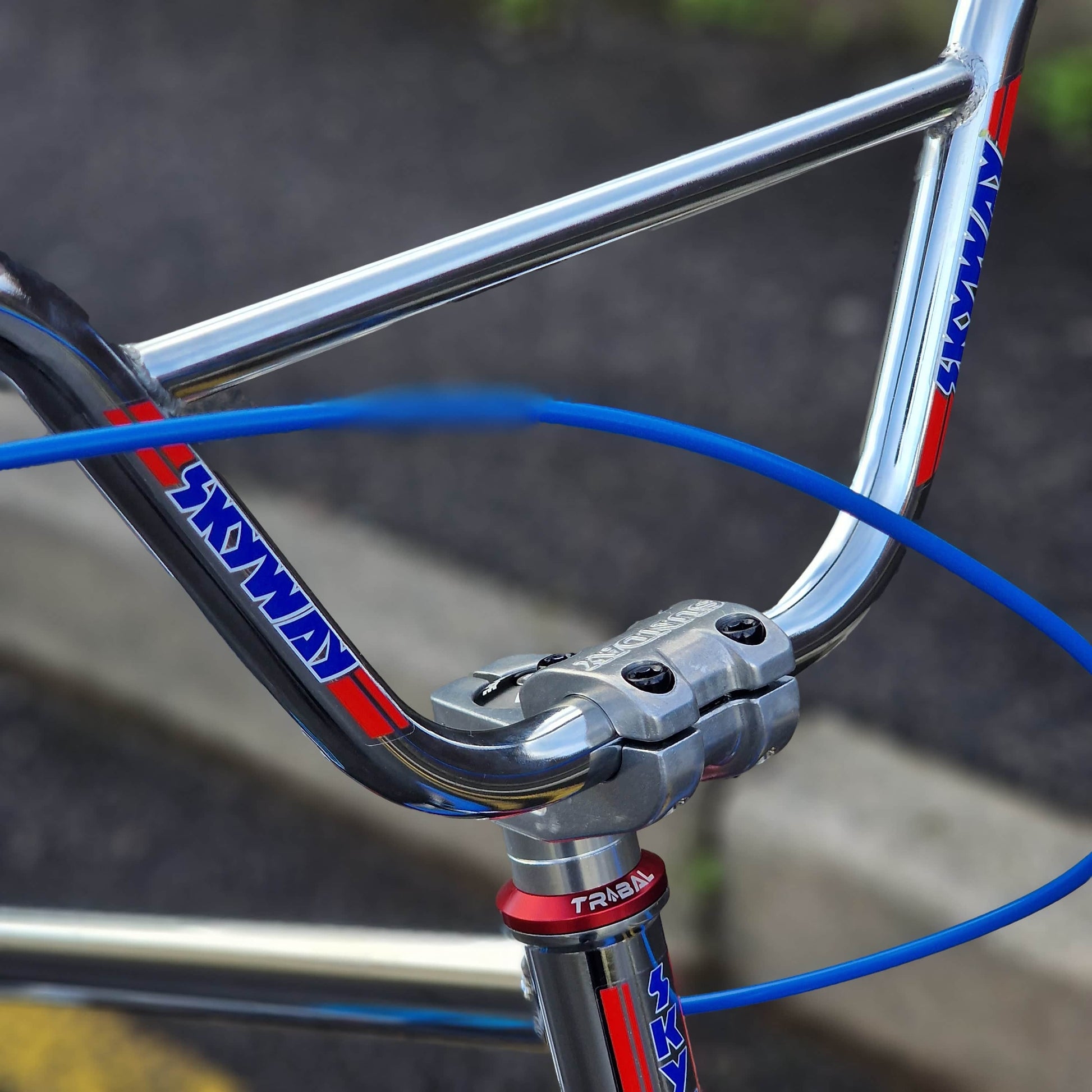 Skyway Old School BMX Bikes Chrome / Blue / Red Skyway T/A Custom 26 Inch Bike White / Blue / Red