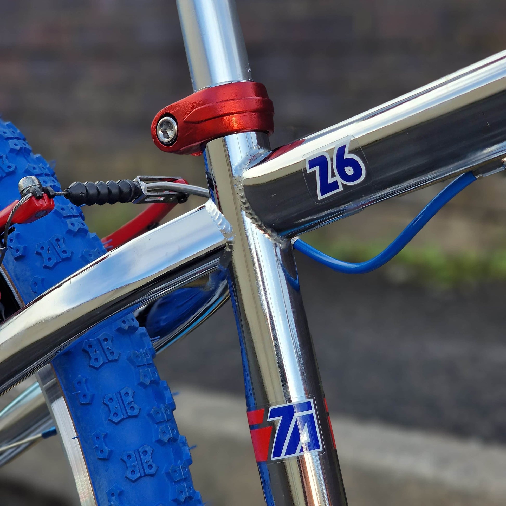 Skyway Old School BMX Bikes Chrome / Blue / Red Skyway T/A Custom 26 Inch Bike White / Blue / Red