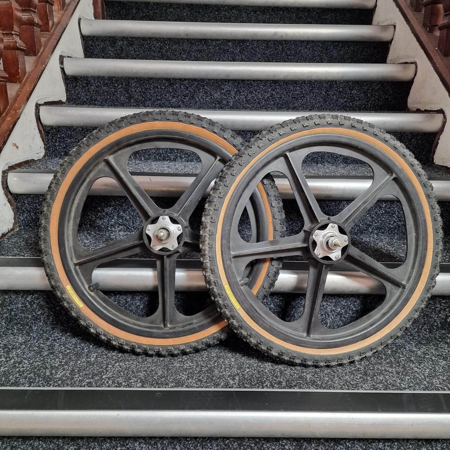 Skyway Old School BMX Black Skyway Tuff II Alloy Flanged Wheels Pair Black with Comp III Tyres Used