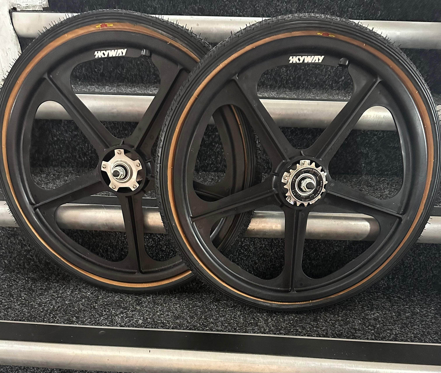 Alans BMX Black Skyway Tuff II Silver Flange BMX Wheels 20 Inch Pair Front and Rear with Black GT LP-5 Tyres Fitted