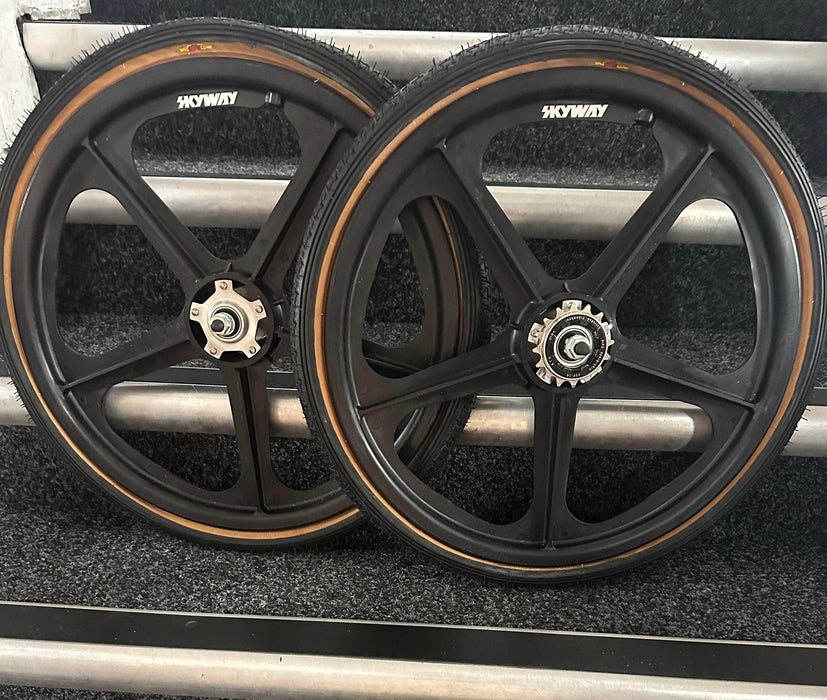 Alans BMX Black Skyway Tuff II Silver Flange BMX Wheels 20 Inch Pair Front and Rear with Black GT LP-5 Tyres Fitted