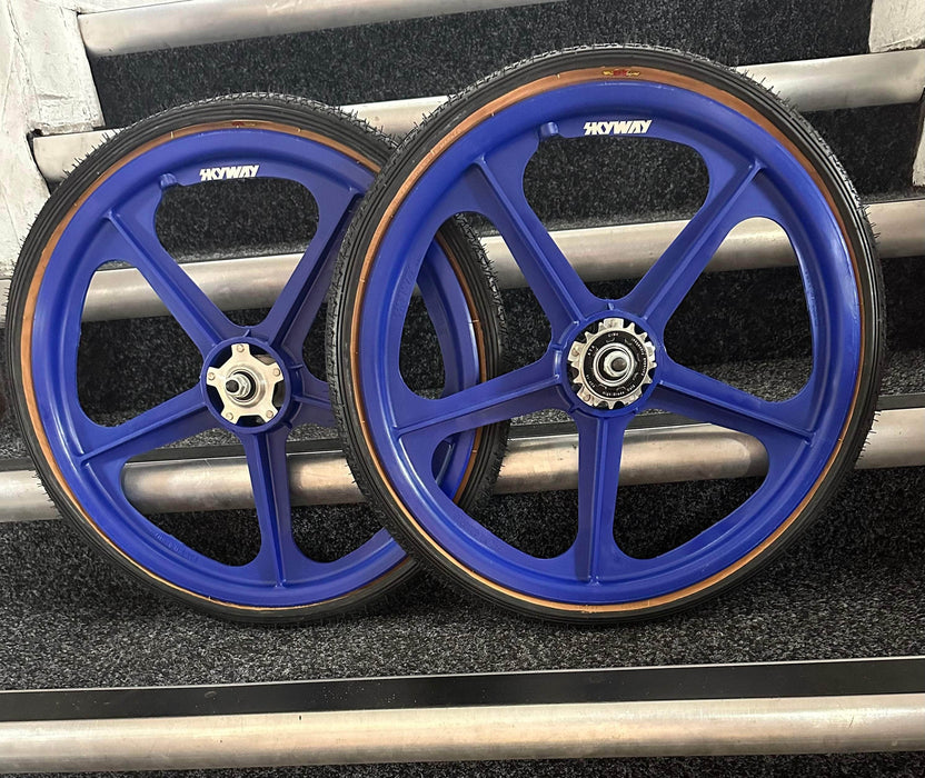 Alans BMX Blue Skyway Tuff II Silver Flange BMX Wheels 20 Inch Pair Front and Rear with Black GT LP-5 Tyres Fitted