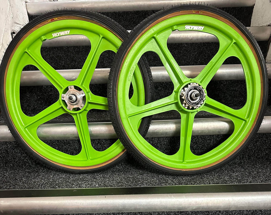 Alans BMX Green Skyway Tuff II Silver Flange BMX Wheels 20 Inch Pair Front and Rear with Black GT LP-5 Tyres Fitted