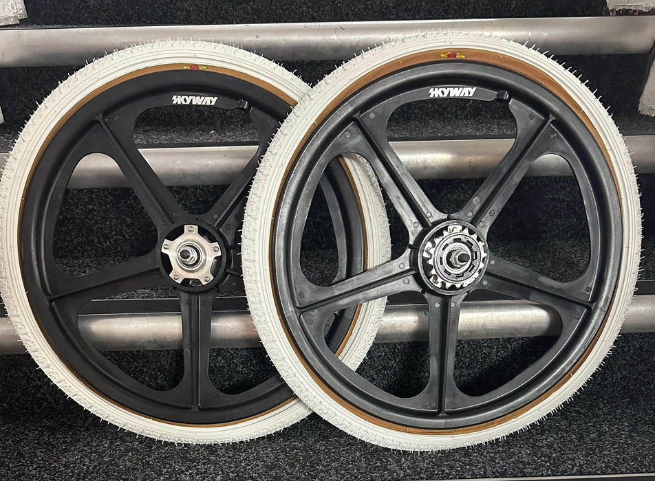 Alans BMX Black Skyway Tuff II Silver Flange BMX Wheels 20 Inch Pair Front and Rear with White GT LP-5 Tyres Fitted