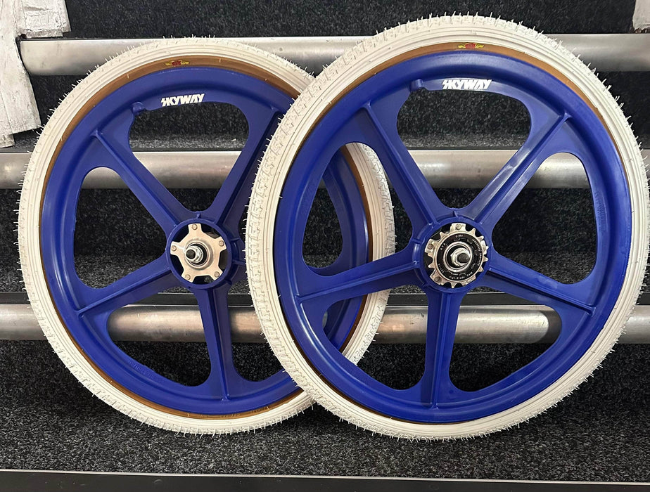 Alans BMX Blue Skyway Tuff II Silver Flange BMX Wheels 20 Inch Pair Front and Rear with White GT LP-5 Tyres Fitted