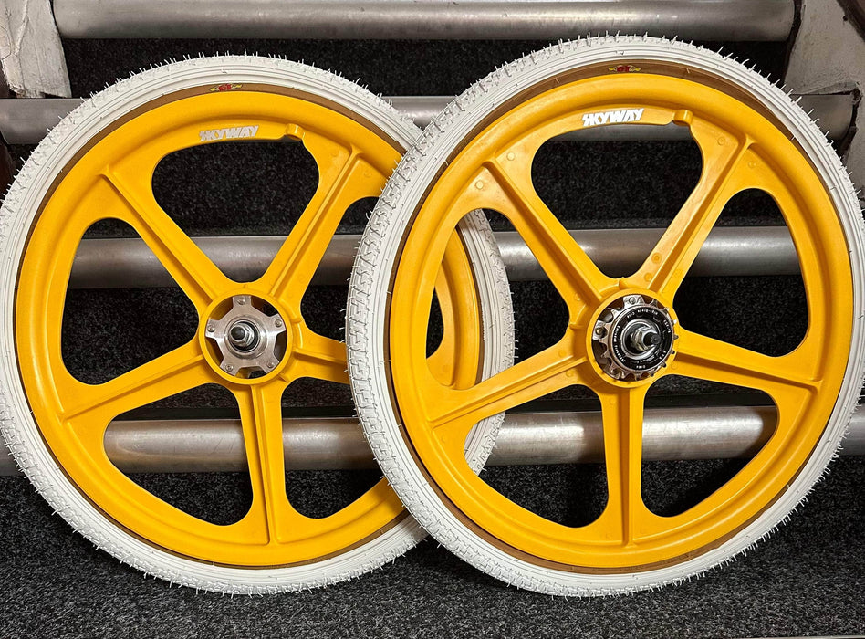 Alans BMX Yellow Skyway Tuff II Silver Flange BMX Wheels 20 Inch Pair Front and Rear with White GT LP-5 Tyres Fitted