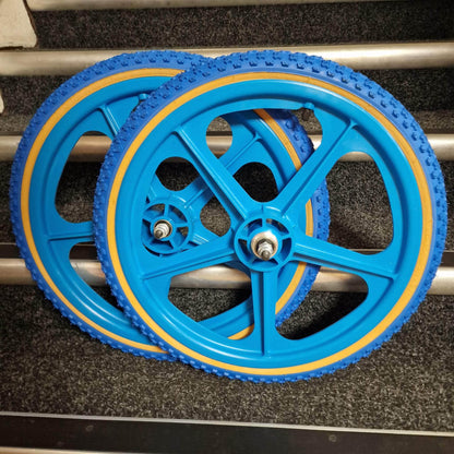 Skyway Old School BMX AQUA Wheels with BLUE Tyres Skyway Tuff Wheels with fitted Kenda K50 Tyres and Freewheel Pair