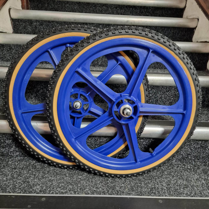 Skyway Old School BMX BLUE Wheels with BLACK Tyres Skyway Tuff Wheels with fitted Kenda K50 Tyres and Freewheel Pair