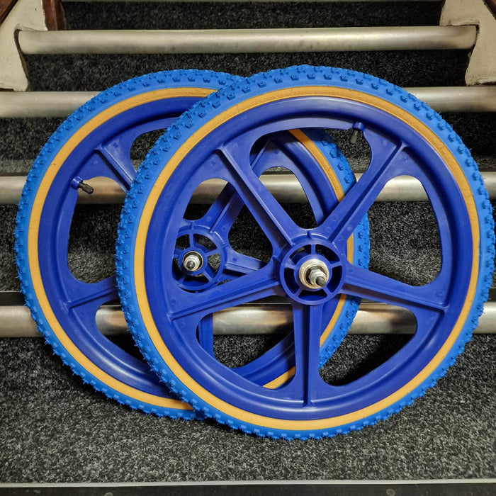 Skyway Old School BMX BLUE Wheels with BLUE Tyres Skyway Tuff Wheels with fitted Kenda K50 Tyres and Freewheel Pair