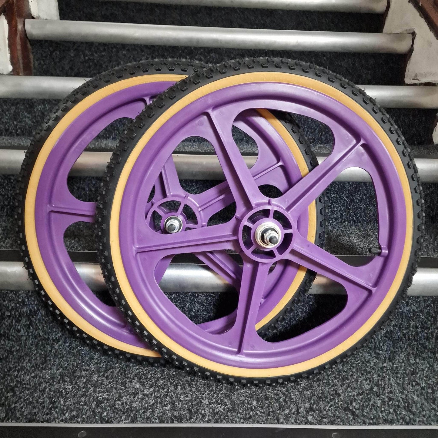 Skyway Old School BMX PURPLE Wheels with BLACK Tyres Skyway Tuff Wheels with fitted Kenda K50 Tyres and Freewheel Pair