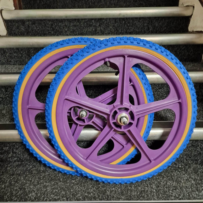 Skyway Old School BMX PURPLE Wheels with BLUE Tyres Skyway Tuff Wheels with fitted Kenda K50 Tyres and Freewheel Pair