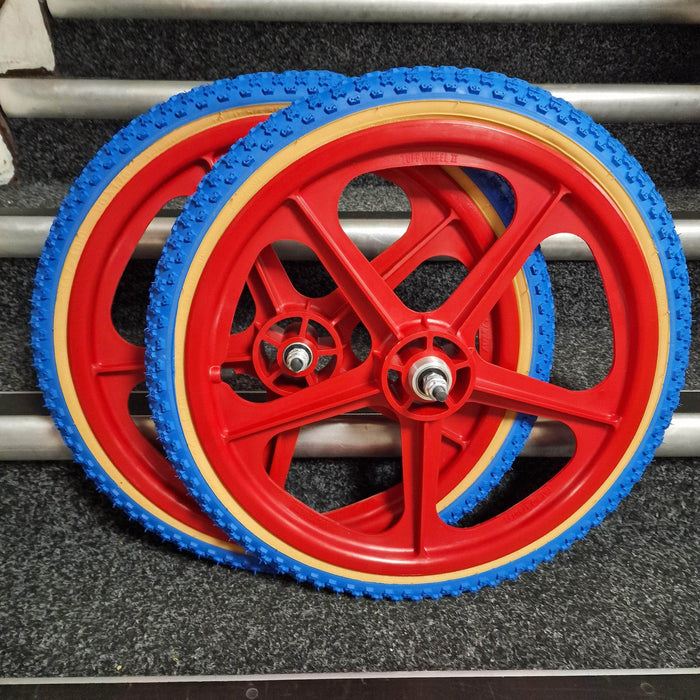 Skyway Old School BMX RED Wheels with BLUE Tyres Skyway Tuff Wheels with fitted Kenda K50 Tyres and Freewheel Pair