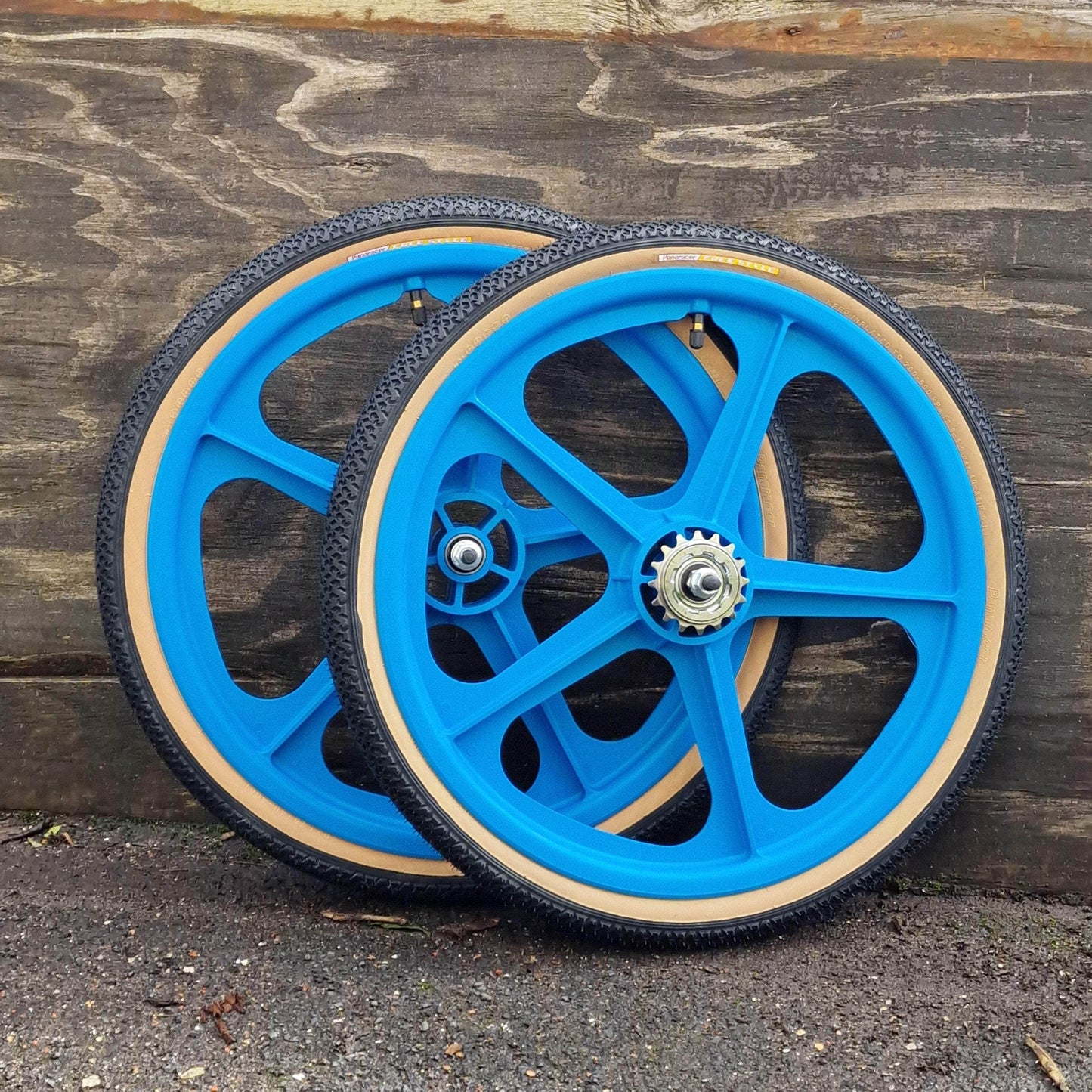 Skyway Old School BMX AQUA Wheels with BLACK Tyres Skyway Tuff Wheels with fitted Panaracer Freestyle Tyres and Freewheel Pair