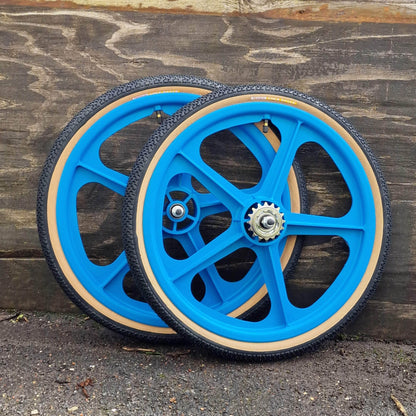 Skyway Old School BMX AQUA Wheels with BLACK Tyres Skyway Tuff Wheels with fitted Panaracer Freestyle Tyres and Freewheel Pair