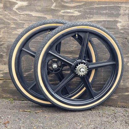 Skyway Old School BMX BLACK Wheels BLACK Tyres Skyway Tuff Wheels with fitted Panaracer Freestyle Tyres and Freewheel Pair