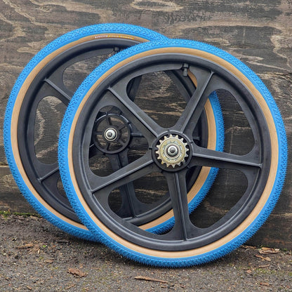 Skyway Old School BMX BLACK Wheels BLUE Tyres Skyway Tuff Wheels with fitted Panaracer Freestyle Tyres and Freewheel Pair