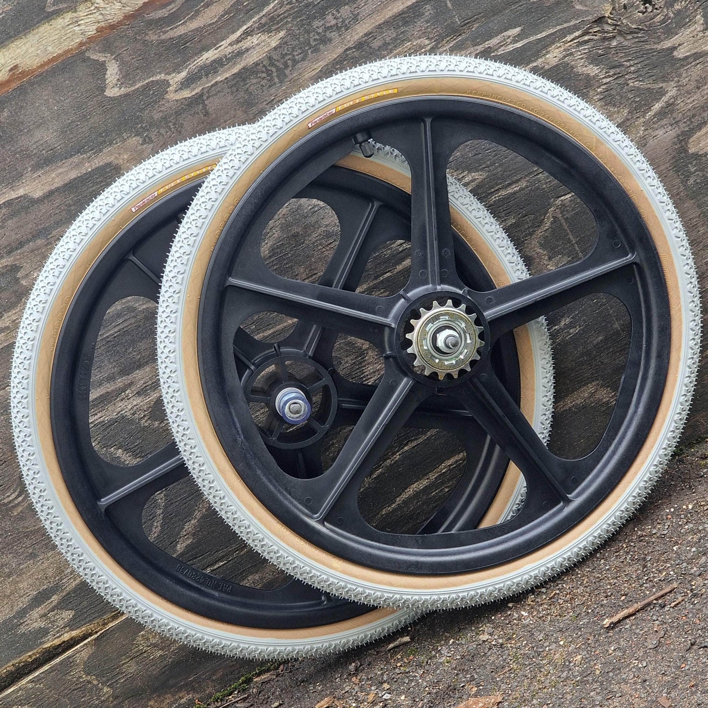 Skyway Old School BMX BLACK Wheels GREY Tyres Skyway Tuff Wheels with fitted Panaracer Freestyle Tyres and Freewheel Pair