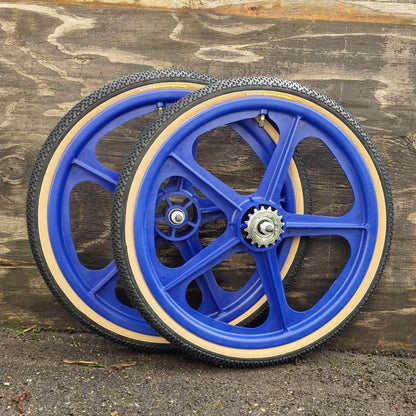 Skyway Old School BMX BLUE Wheels with BLACK Tyres Skyway Tuff Wheels with fitted Panaracer Freestyle Tyres and Freewheel Pair