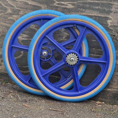 Skyway Old School BMX BLUE Wheels with BLUE Tyres Skyway Tuff Wheels with fitted Panaracer Freestyle Tyres and Freewheel Pair