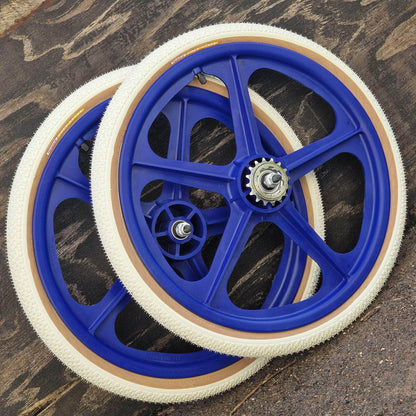 Skyway Old School BMX BLUE Wheels with WHITE Tyres Skyway Tuff Wheels with fitted Panaracer Freestyle Tyres and Freewheel Pair