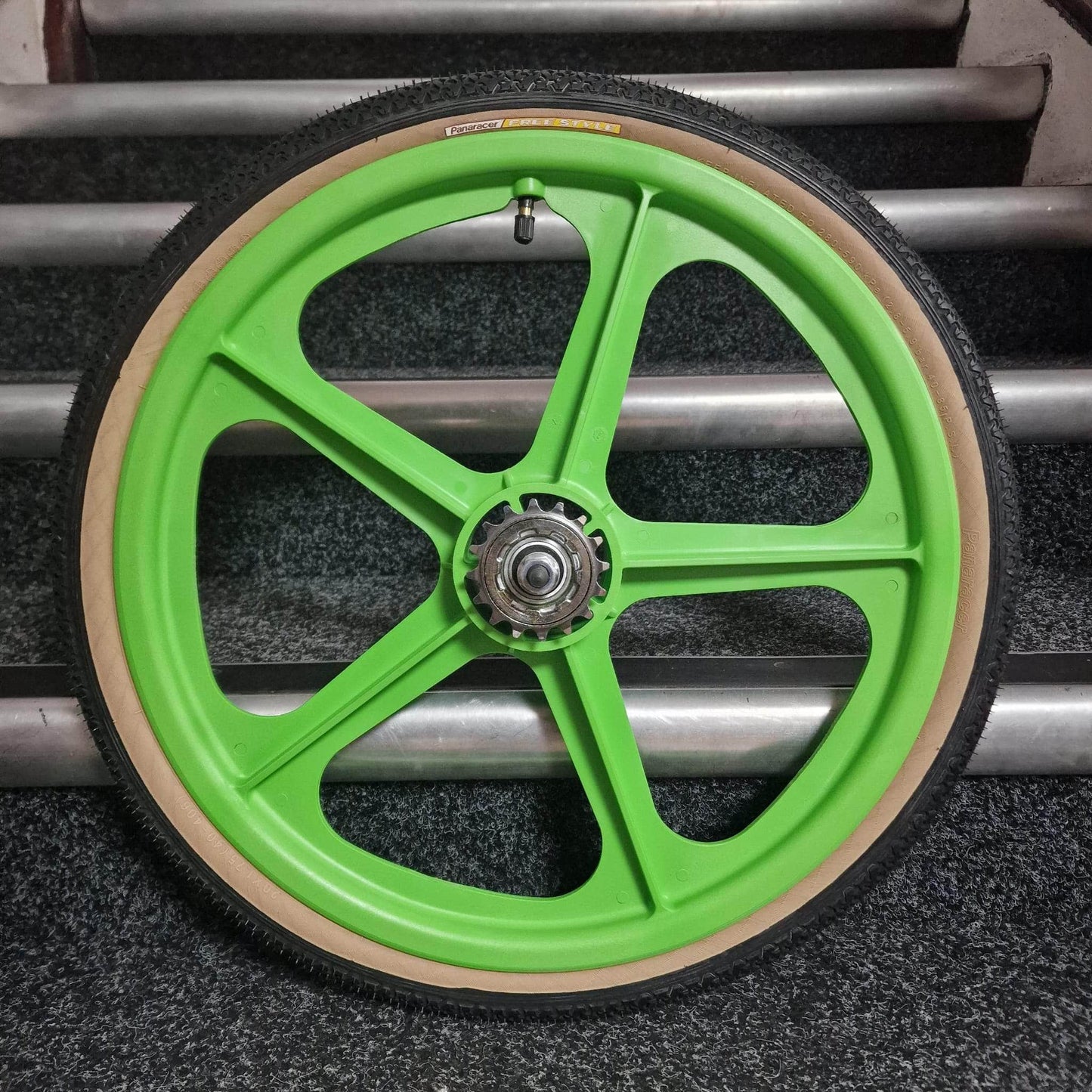 Skyway Old School BMX GREEN Wheels with BLACK Tyres Skyway Tuff Wheels with fitted Panaracer Freestyle Tyres and Freewheel Pair