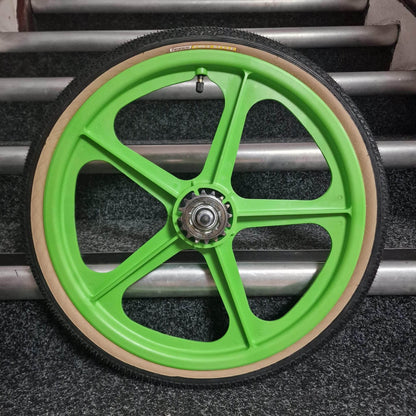 Skyway Old School BMX GREEN Wheels with BLACK Tyres Skyway Tuff Wheels with fitted Panaracer Freestyle Tyres and Freewheel Pair