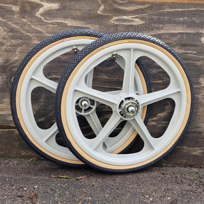 Skyway Old School BMX GREY Wheels with BLACK Tyres Skyway Tuff Wheels with fitted Panaracer Freestyle Tyres and Freewheel Pair
